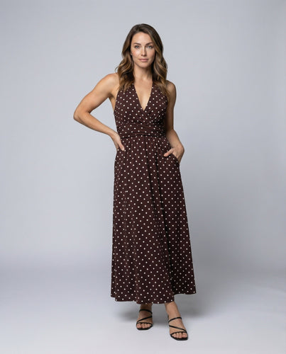 Ladies polka dot halter neck maxi dress with gathering