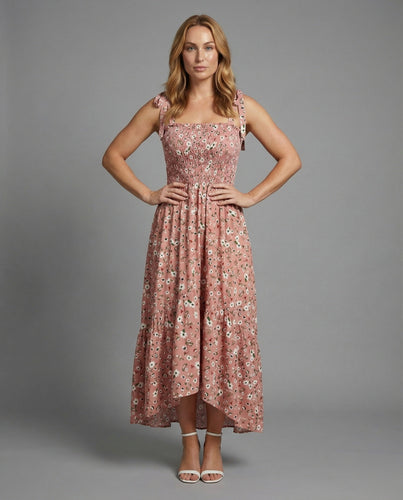 Women's smocked maxi dress with bow straps