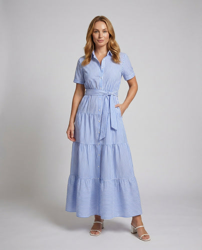 Women's striped shirt blouse maxi dress with tiered skirt