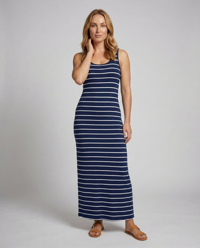 Women striped jersey maxi dress with narrow straps