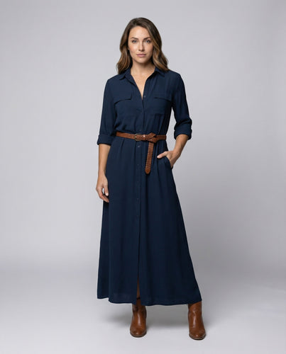 Women's shirt blouse maxi dress with waist tie belt