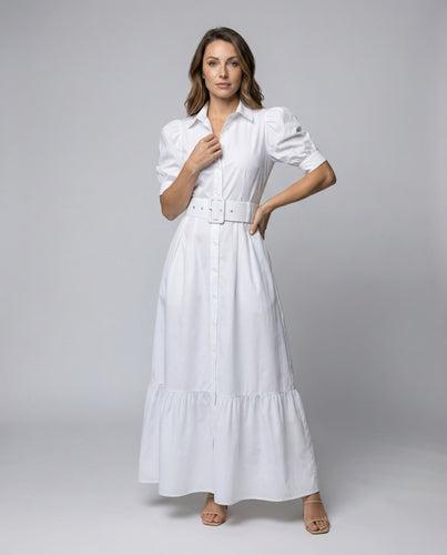 Women's shirt maxi dress with puff sleeves and tiered skirt