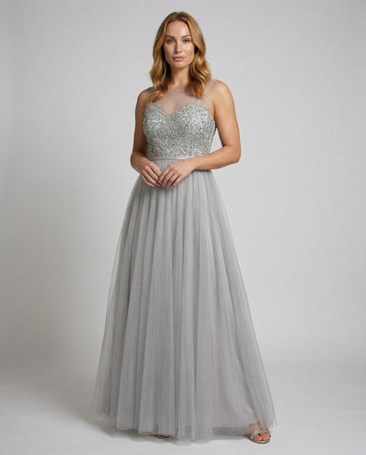 Women's Illusion Evening Dress with Layered Tulle Skirt