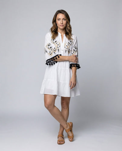 Women's flattering tunic tiered mini dress with embroidery