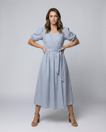 Women's Cross Wrap Midi Dress with Puff Sleeves
