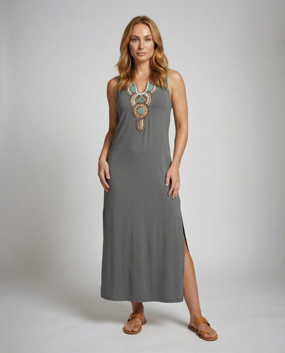 Women's casual maxi dress with decorative neckline