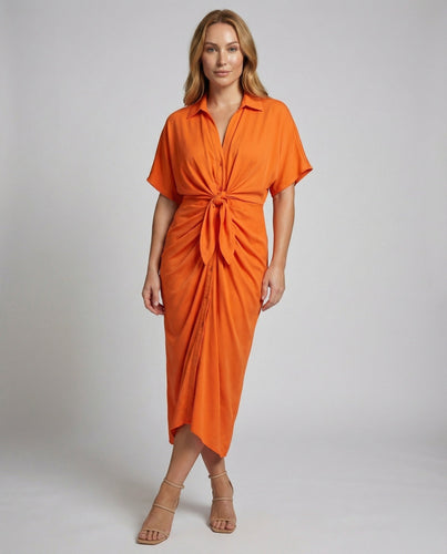 Women's Casual Midi Shirt Dress with Knot Waist