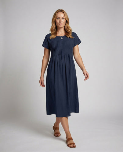 Women casual midi dress with pintuck bodice