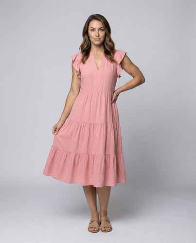 Women's casual tiered midi dress with ruffled sleeves