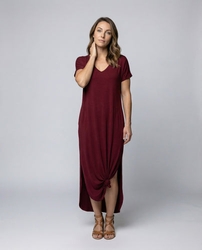 Women's loosely falling maxi dress with knot front