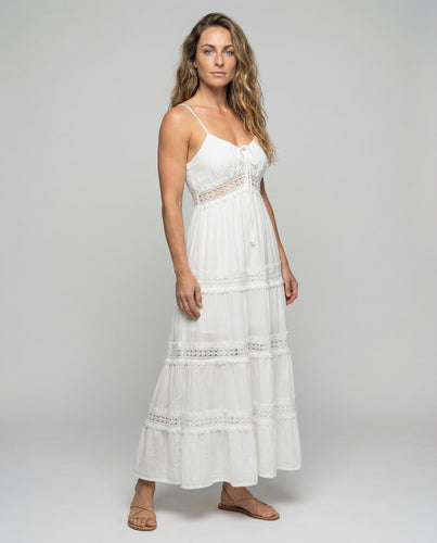 Women airy tiered bustier dress with lace trim