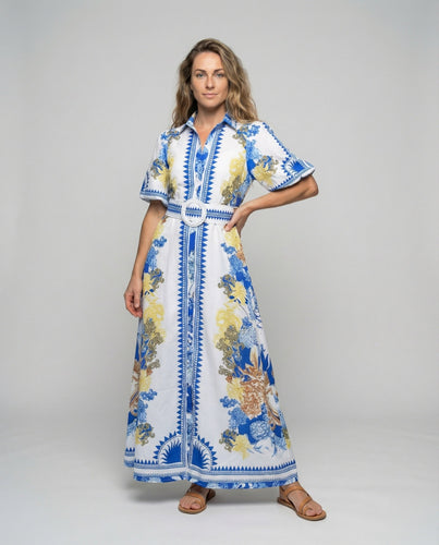 Women's Maxi Shirt Dress with Belt and Round Buckle