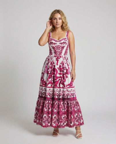 Women's maxi dress with mosaic print and smocked waistband