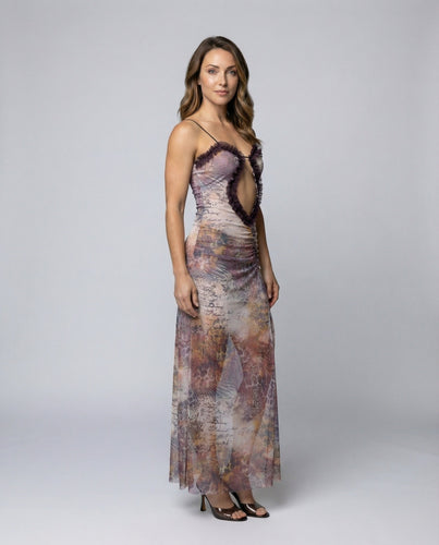 Women's Mesh Maxi Dress with Ruffle Trim
