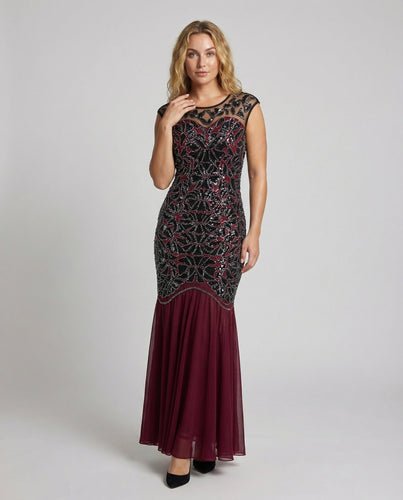 Women's pearl-embellished gala dress with chiffon hem