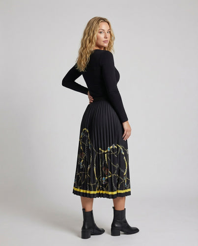 Women pleated midi skirt with chain print
