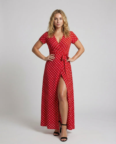 Women Polka Dot Wrap Maxi Dress