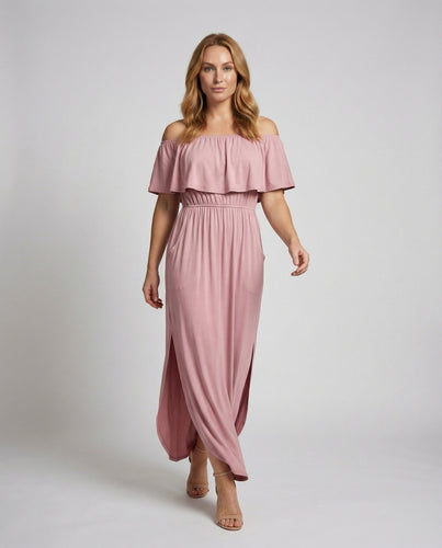 Women's off-shoulder ruffle maxi dress with side slits