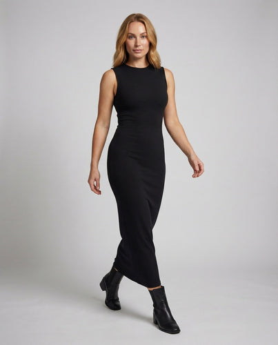 Women sculptural sleeveless maxi dress with high collar