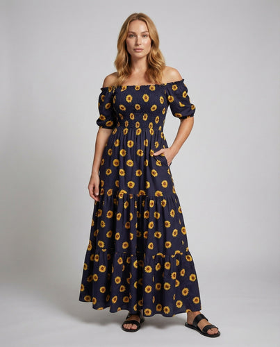 Women’s smocked Boho maxi dress with tiered skirt