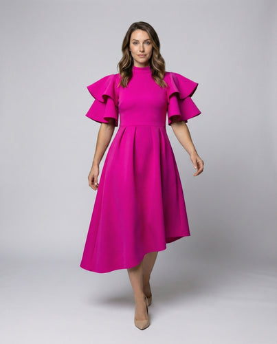 Women's textured midi dress with tiered sleeves