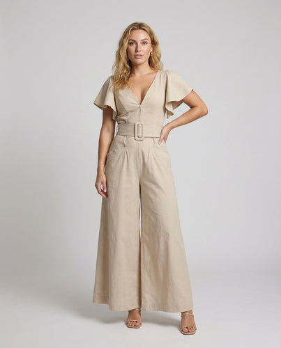 Women's tailored linen look jumpsuit with palazzo leg
