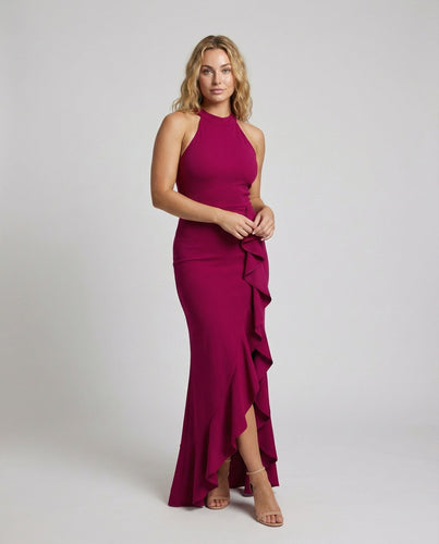 Women fitted evening dress with halter neck