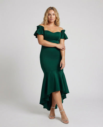 Women's tailored Carmen midi dress with ruffle trim
