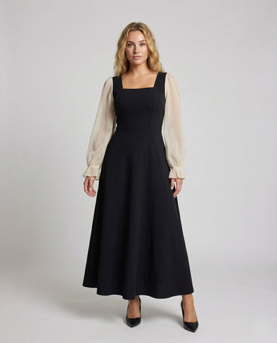 Women's A-line maxi dress with organza balloon sleeves