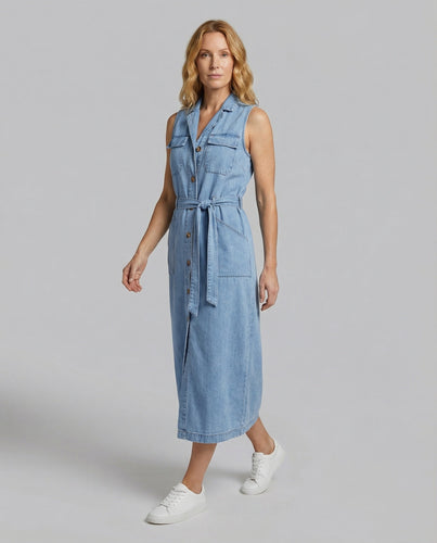 Women's sleeveless denim dress in utility style
