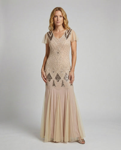 Ladies Art Deco Sequin Evening Gown with Tulle Skirt
