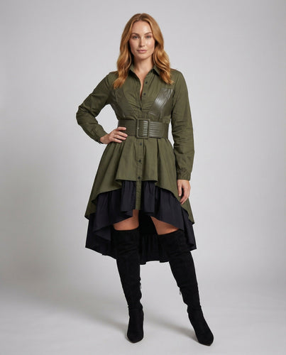 Women's asymmetrical shirt dress with tiered skirt