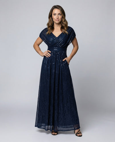 Women's floor-length V-neck evening dress made of shiny tulle