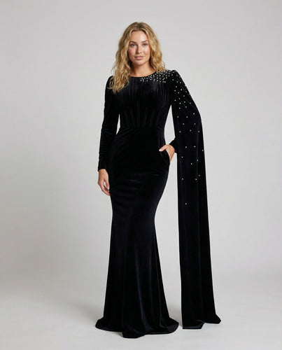 Ladies elegant velvet evening dress with pearl cape
