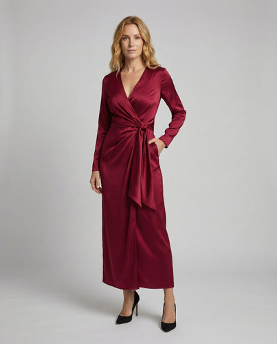 Women's elegant satin wrap dress with knot waist