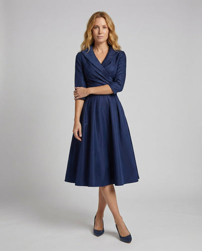 Ladies Vintage Midi Dress with Shawl Collar