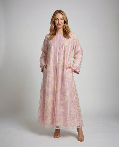 Women's festive satin dress with floral embroidery