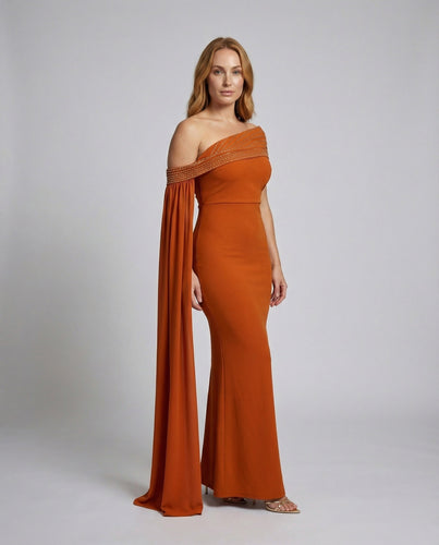 Women’s fitted evening dress with draped shawl