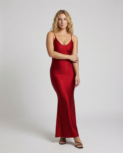 Women's form-fitting maxi slip dress in diagonal cut