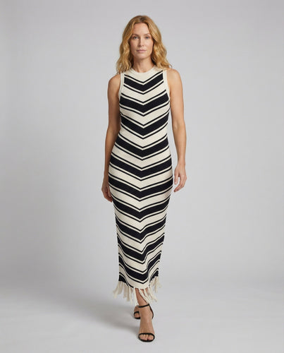 Ladies fitted ribbed maxi dress with fringe hem