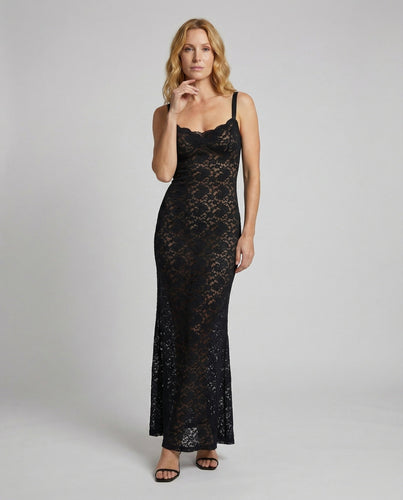 Ladies figure-hugging lace slip dress with bustier insert