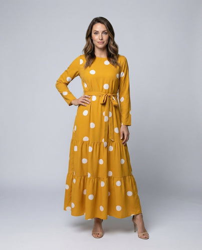 Women's flowing maxi dress with polka dot pattern