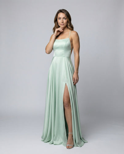 Women's flowing satin evening dress with leg slit