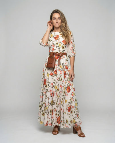 Women's floral chiffon maxi dress with balloon sleeves
