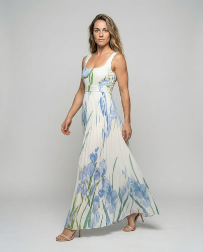 Women's floral pleated maxi dress with waistband
