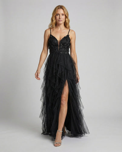 Women's layered tulle gala evening dress with embroidery