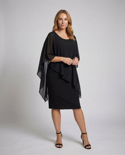 Ladies' midi dress with flowing chiffon cape