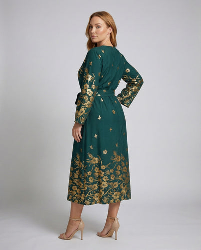 Women's midi dress with floral pattern and belt