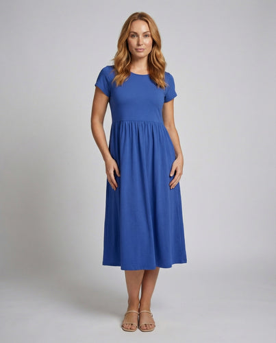 Ladies mid-length summer dress with high waistline
