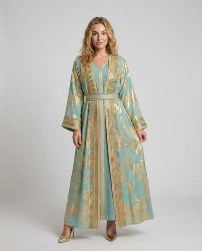 Ladies opulent gala caftan with gold lace trim